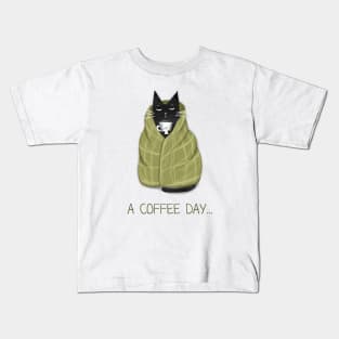 Cartoon funny black cat and the inscription "A coffee day". Kids T-Shirt